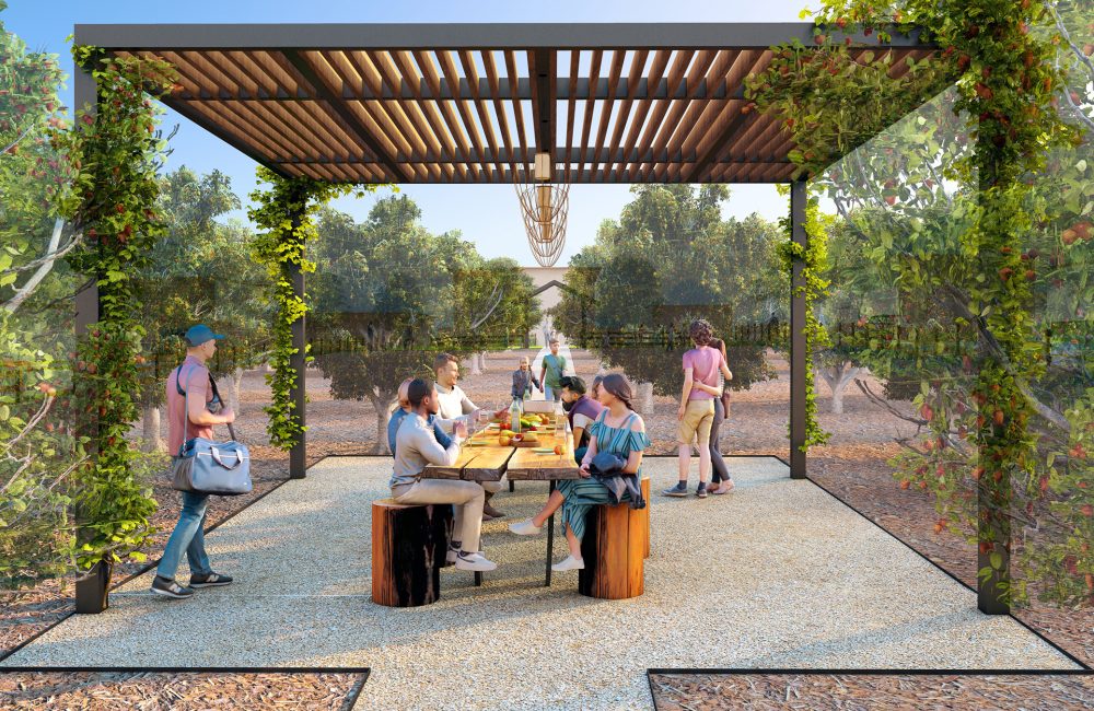 rendering of arbor with picnic table under in The Grove